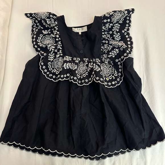 SEA NEW YORK Ruffled Broderie Anglaise Blouse In Navy Blue Cotton (101) - Picture 4 of 6